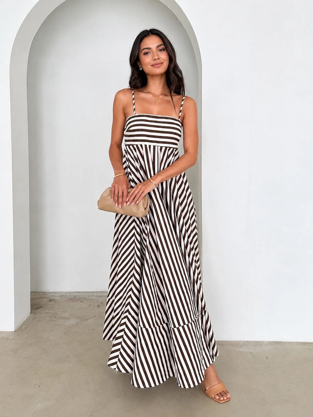 Commense Brown and White Striped Maxi Dress